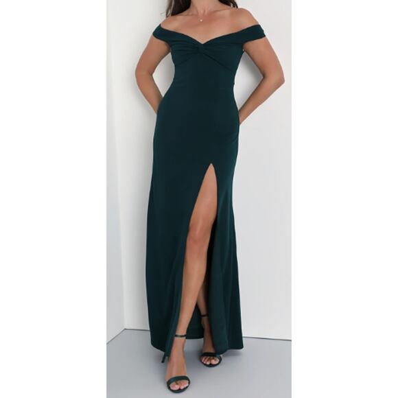 LULU'S M Emerald Behold My Love Off-The-Shoulder Twist-Front Maxi Dress NEW B45 - Picture 1 of 10